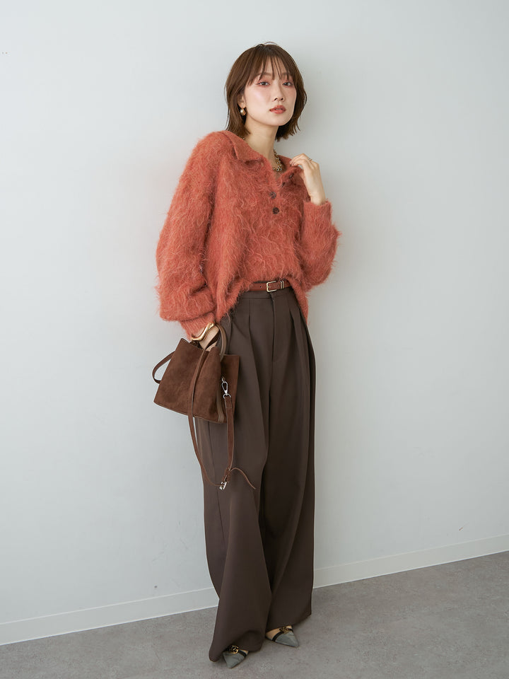 [SET]ヘンリーシャギーニットトップス+ツイルタックワイドパンツ(2set)