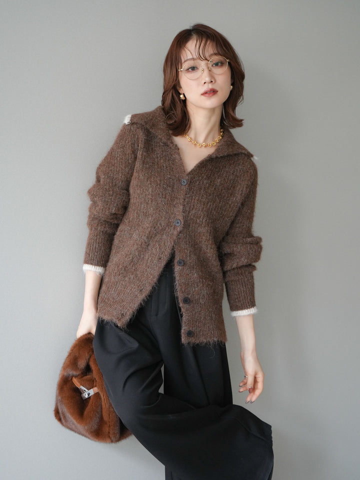 [予約]襟付きバイカラーミックスニットカーディガン/brown