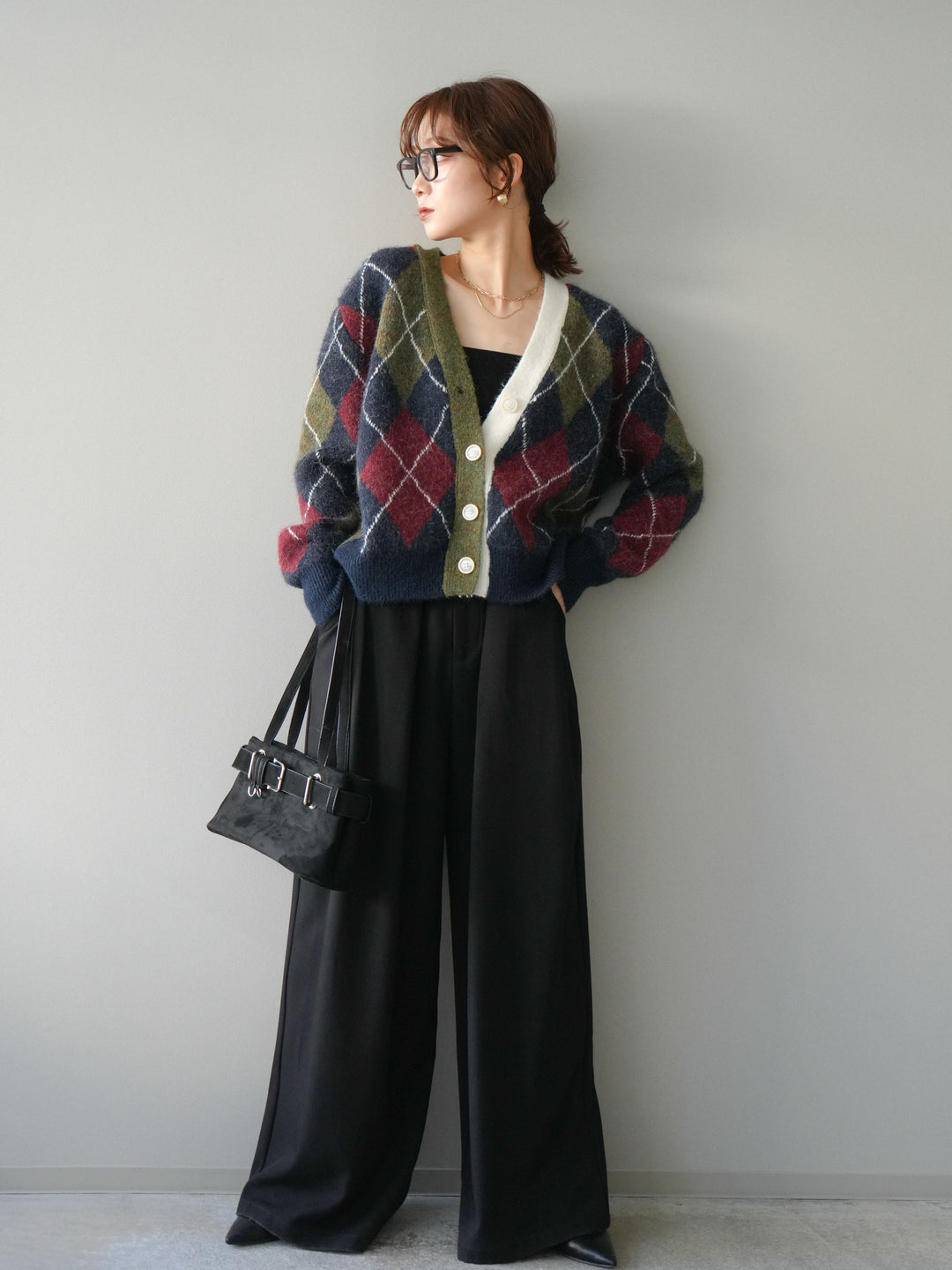 [予約]配色アーガイル柄ニットカーディガン/green