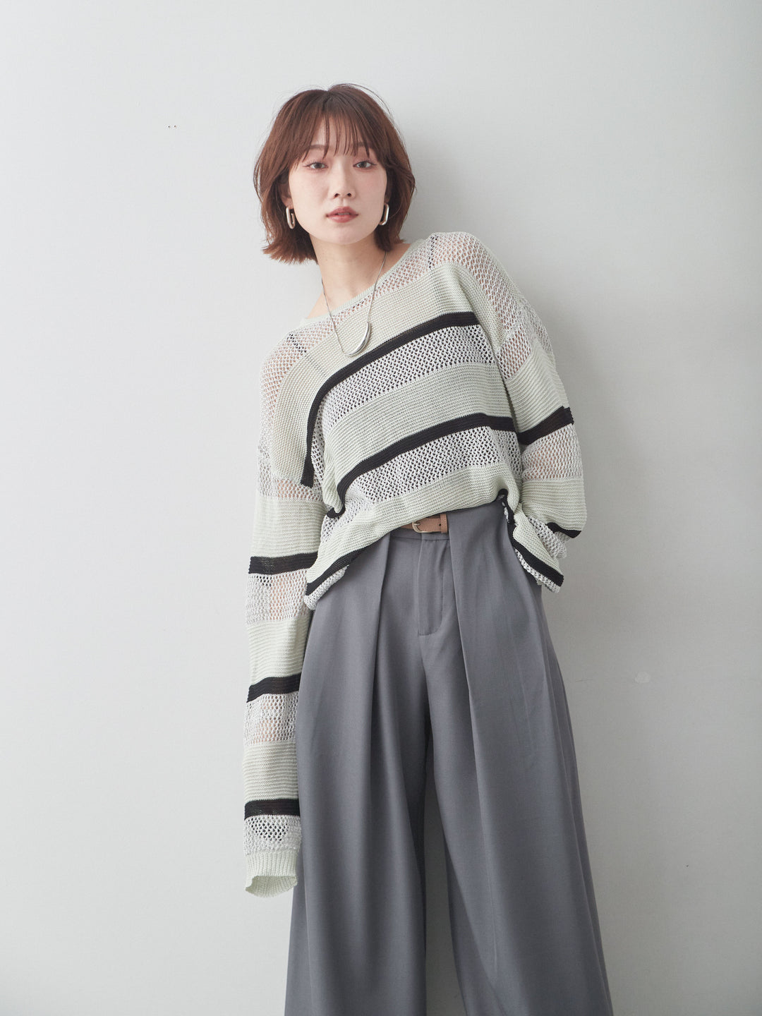 [予約]マルチボーダーメッシュニットトップス/lightgray