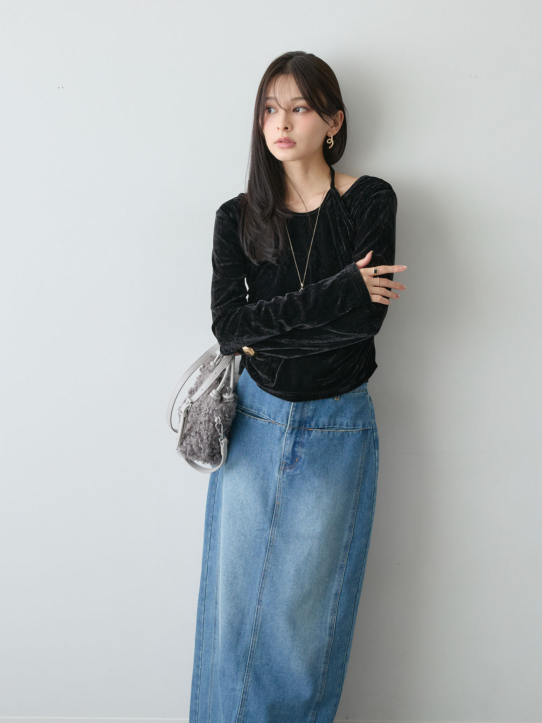 [予約]ベロアレイヤードデザイントップス/black
