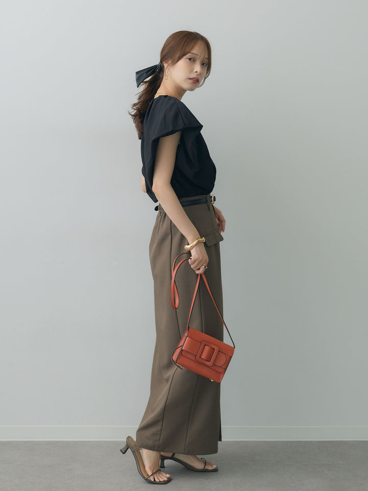 [SET]フレンチタックバルーンブラウス+クレープデシンフラップ付きストレートスカート(2set)