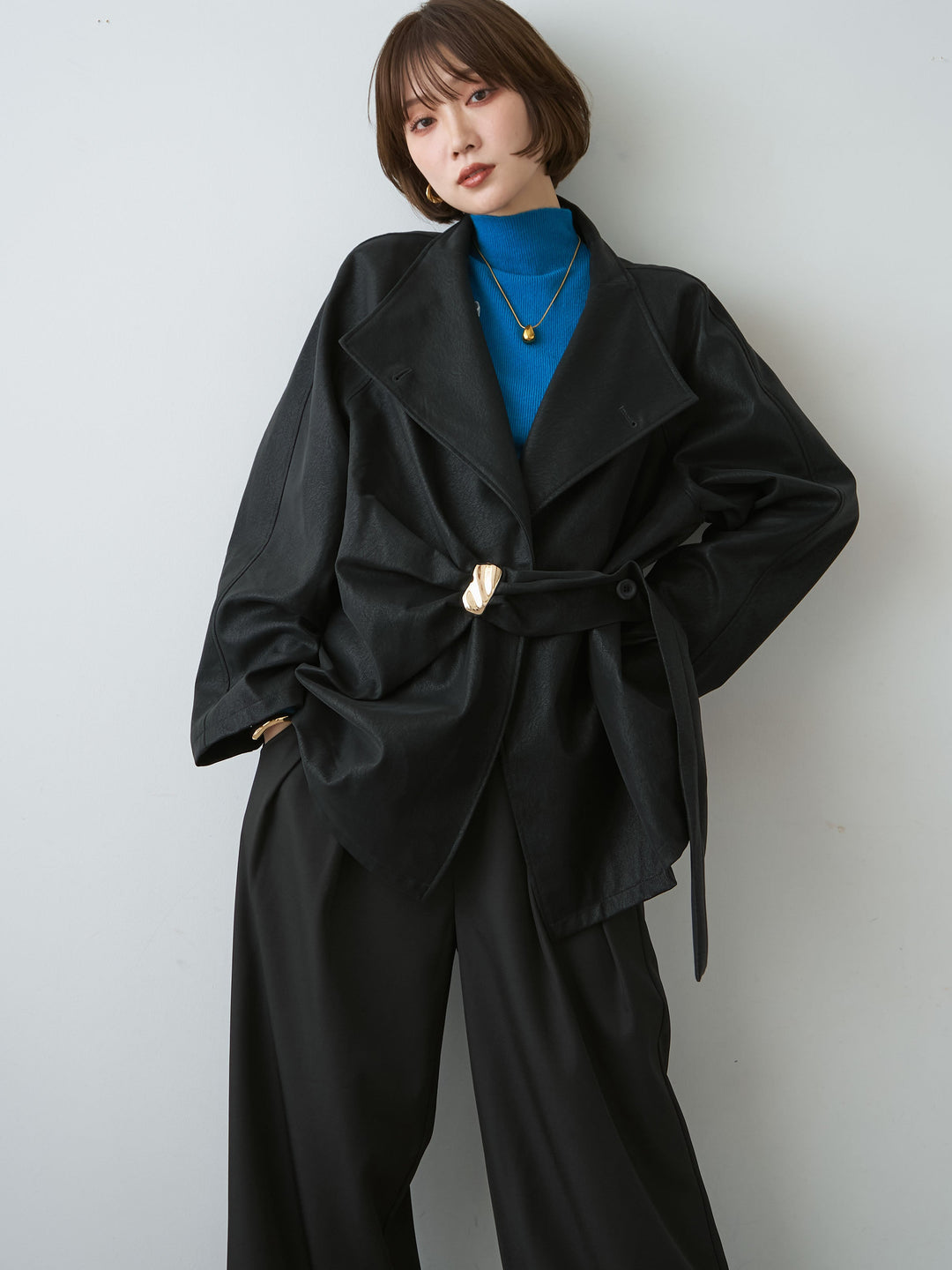 [SET]メタルモチーフレザータッチアシメジャケット+リブモックネックニットトップス+ツイルタックワイドパンツ(3set)