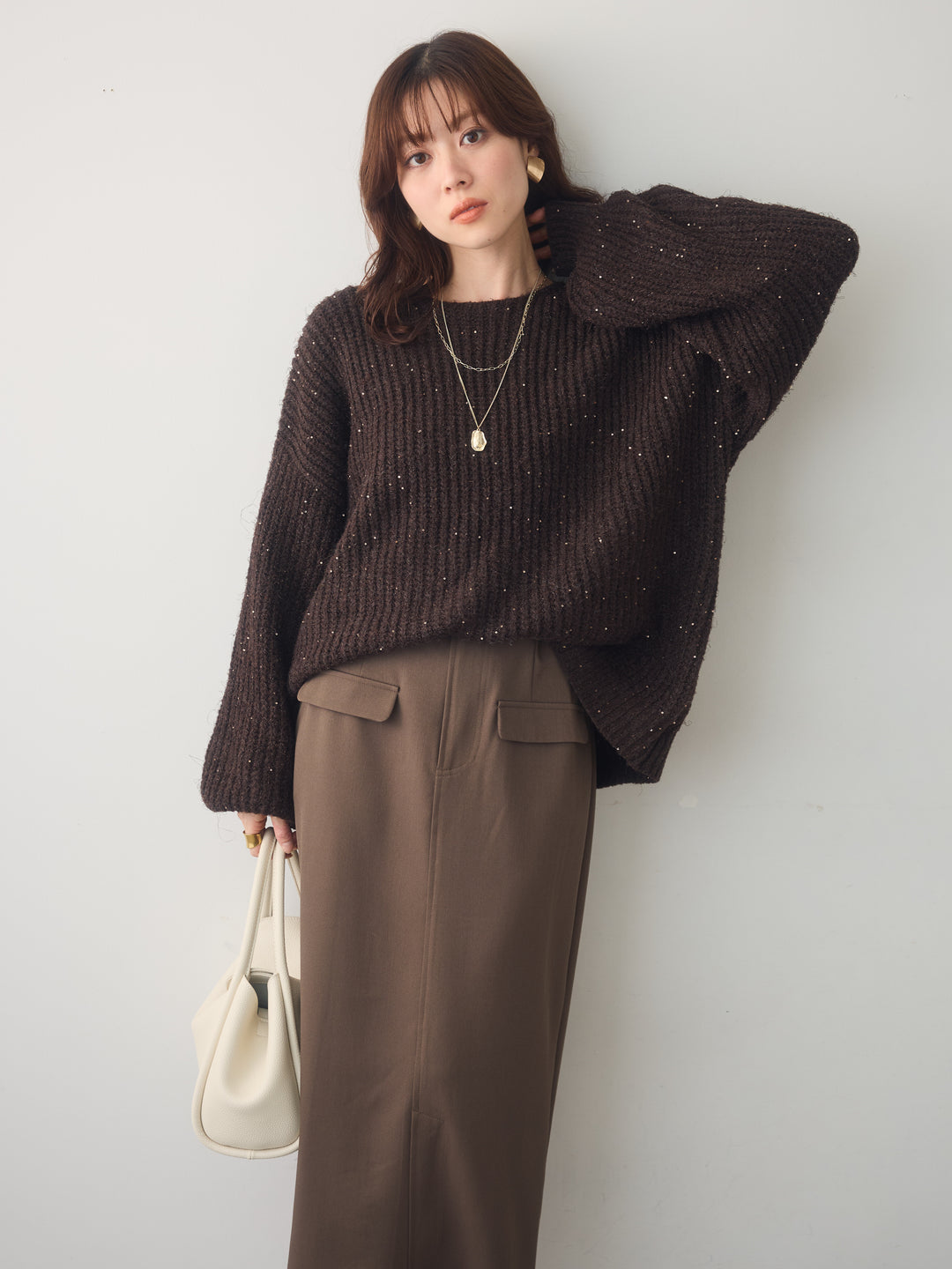 [SET]バルーンスリーブスパンリブニットトップス+クレープデシンフラップ付きストレートスカート(2set)