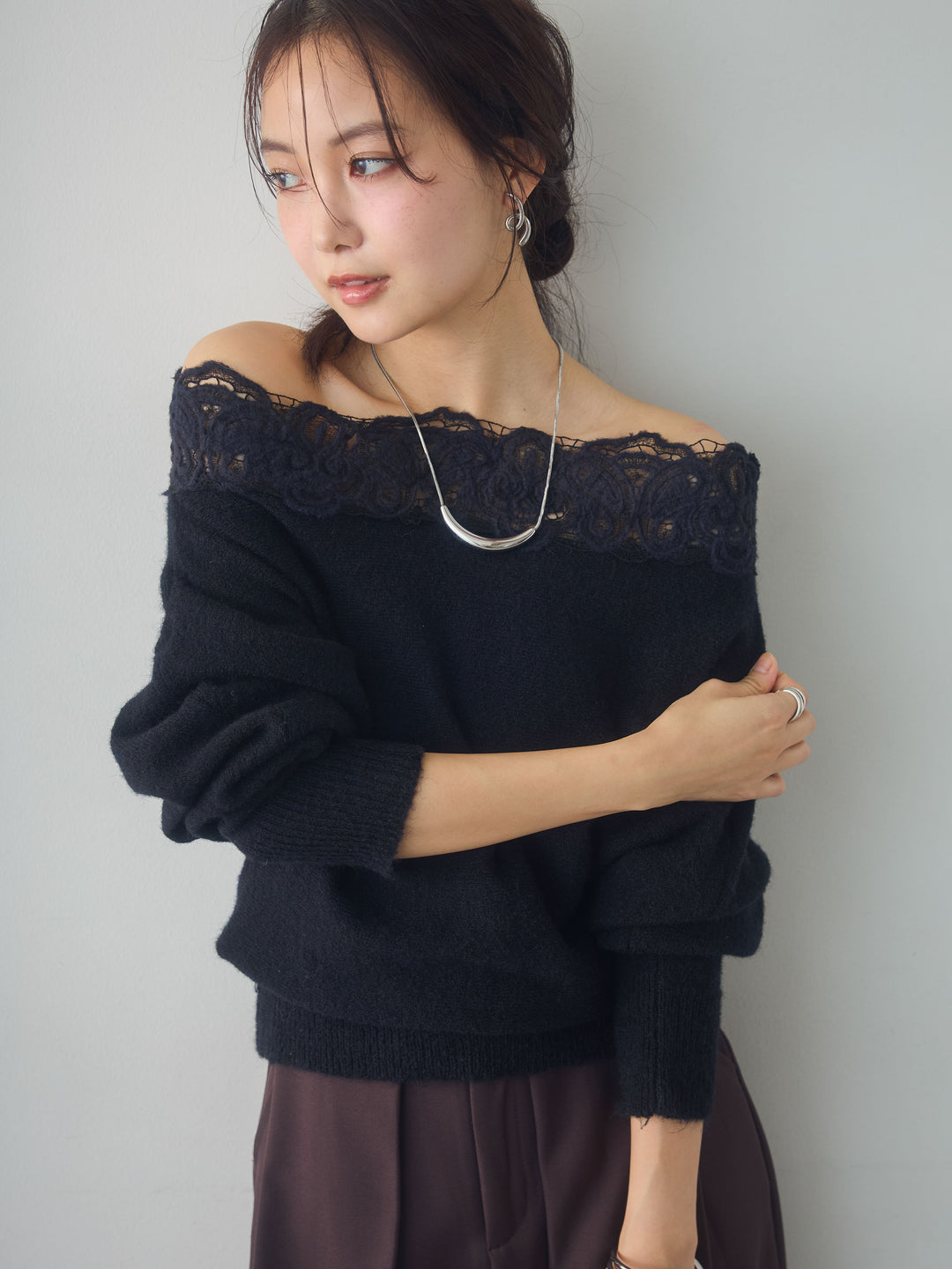 [予約]ショルダーレースオフショルニットトップス/black
