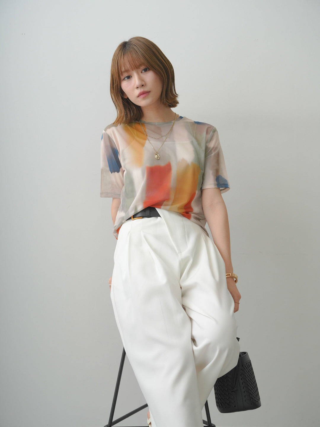 [予約]水彩柄メッシュシアー半袖プルオーバー/ivory