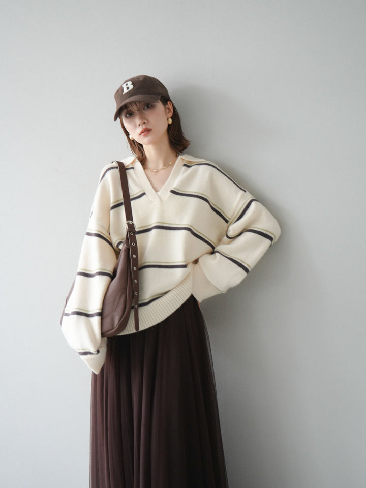 [SET]ポロ襟スキッパーボーダーニットプルオーバー+チュールボリュームスカート(2set)