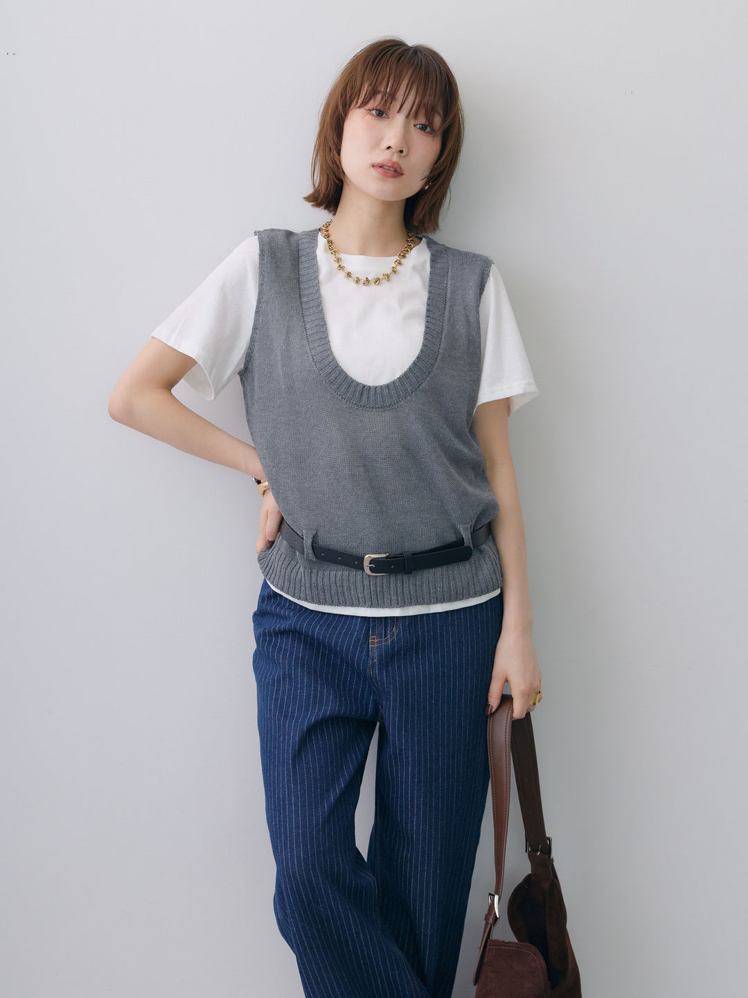 [予約]ベルト付ニットベストレイヤードデザイントップス/gray