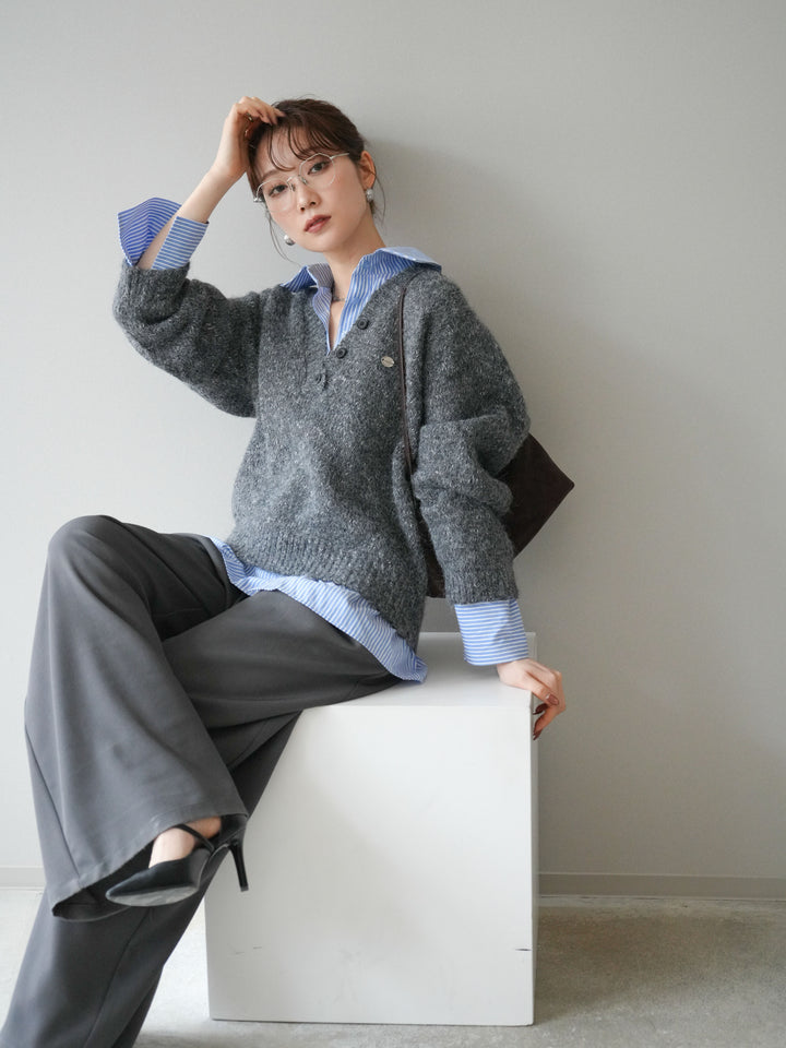 [予約]ストライプシャツドッキングMIXヤーンニットプルオーバー/charcoal