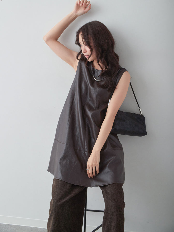 [SET]レザータッチミニワンピース+カップ付きバッククロスキャミソール+ベロアデニムタックワイドパンツ(3set)