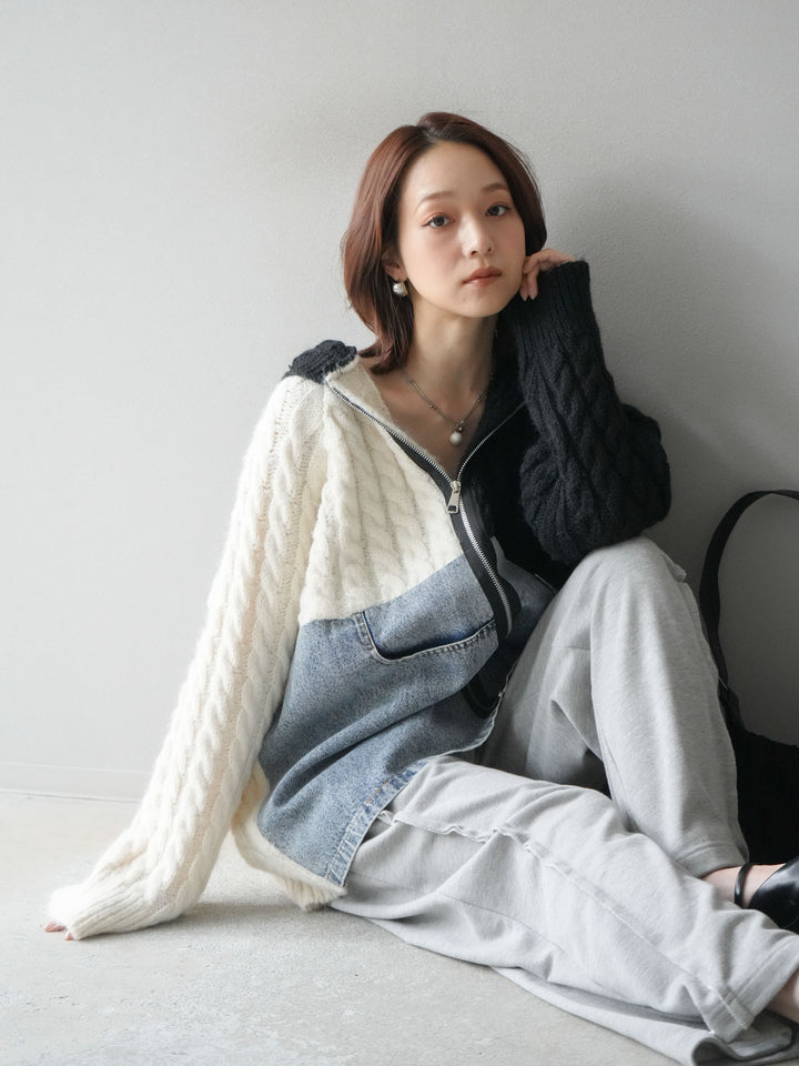 [予約]デニム×バイカラーニットZIPフーディ/black