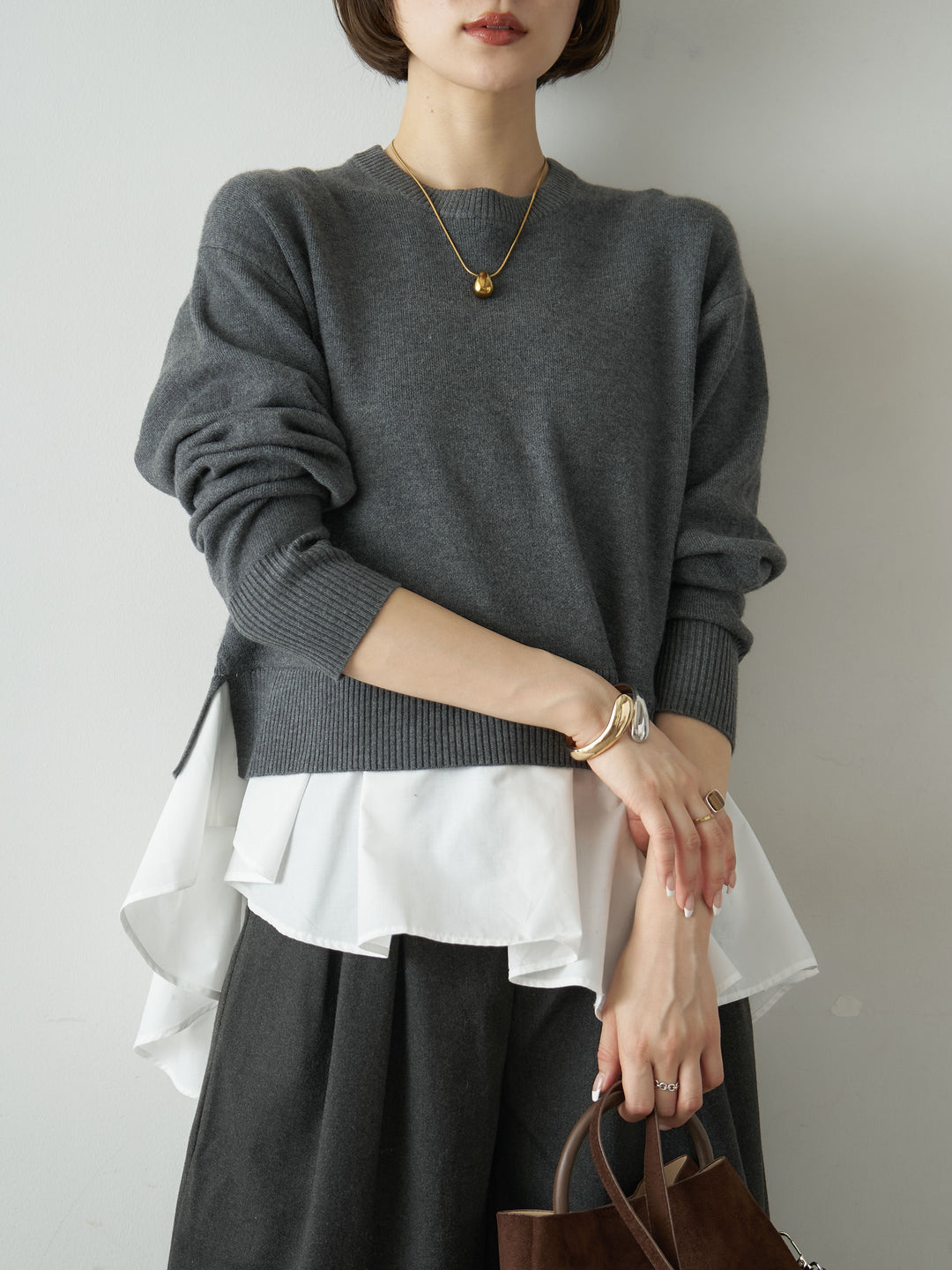 [SET]アシンメトリーシャツレイヤードニットプルオーバー+ダブルタックドレープストレートワイドパンツ(2set)