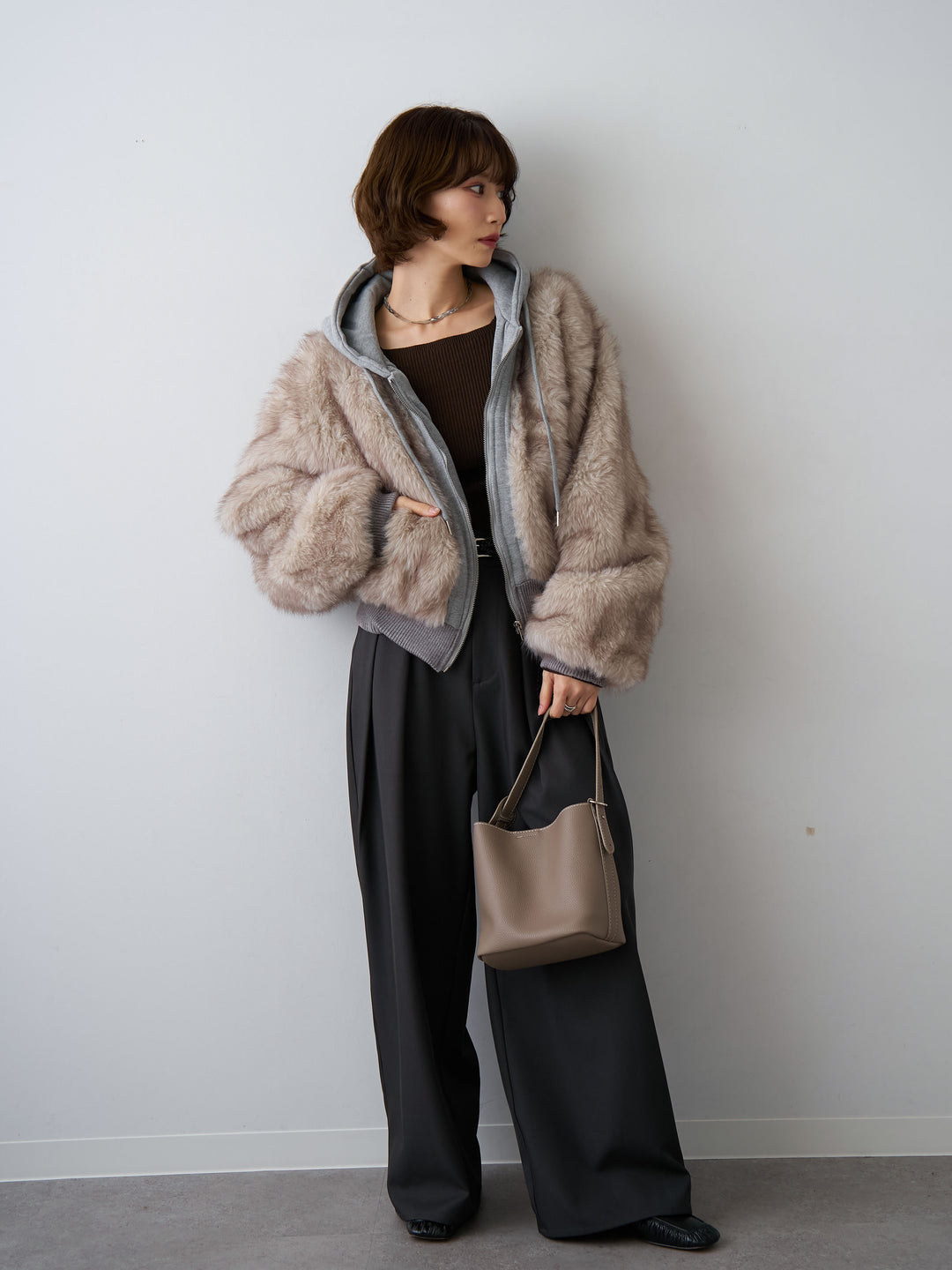 [SET]スウェットファードッキングフードブルゾン+ツイルタックワイドパンツ(2set)