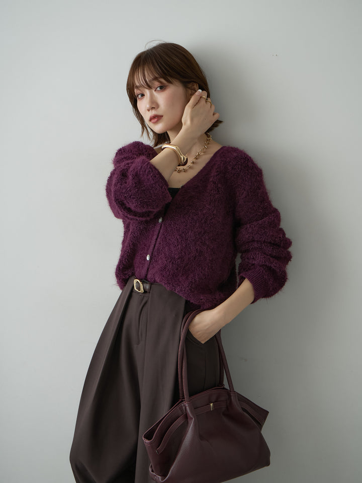 [SET]ブークレクロップニットカーディガン+ベルトループデザインワイドパンツ(2set)