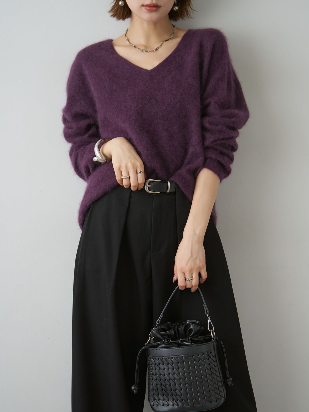 [SET]カシミア混フェザータッチVネックニットトップス+選べるアクセセット(2set)