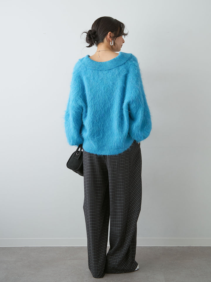 [SET]ヘンリーシャギーニットトップス+チェックタックワイドパンツ(2set)