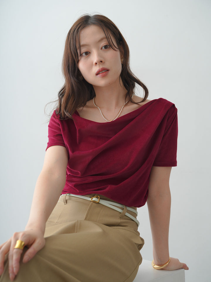 [SET]アシメネックシアーベロアトップス+クレープデシンフラップ付きストレートスカート(2set)