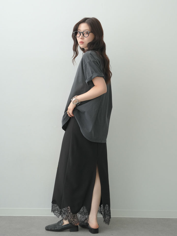[SET]ヴィンテージライクプリントオーバーTEE+レースヘムストレッチIラインスカート(2set)