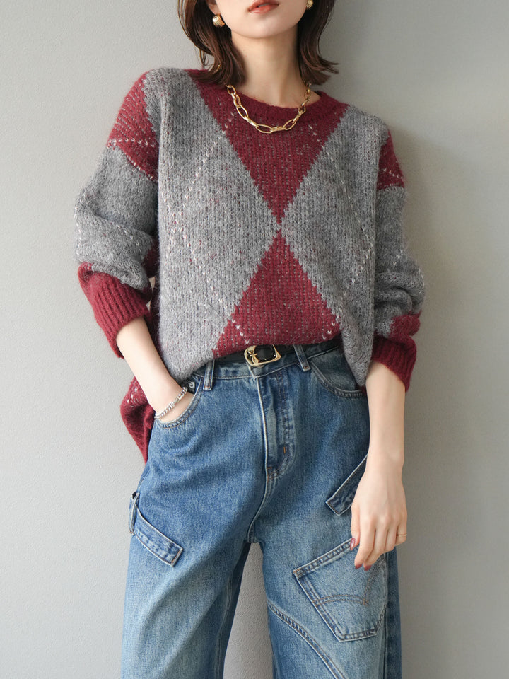 [予約]アーガイルオーバーニットプルオーバー/bordeaux