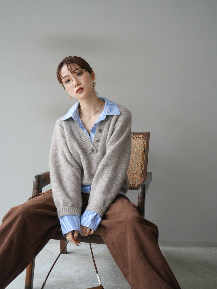 [予約]ストライプシャツドッキングMIXヤーンニットプルオーバー/beige