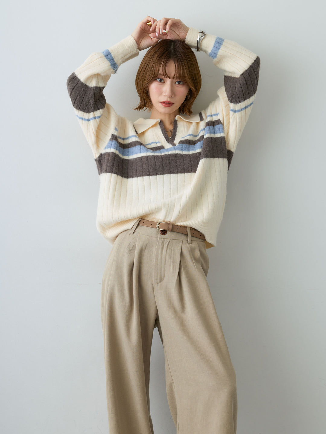 [予約]マルチボーダー起毛スキッパーニットトップス/ivory