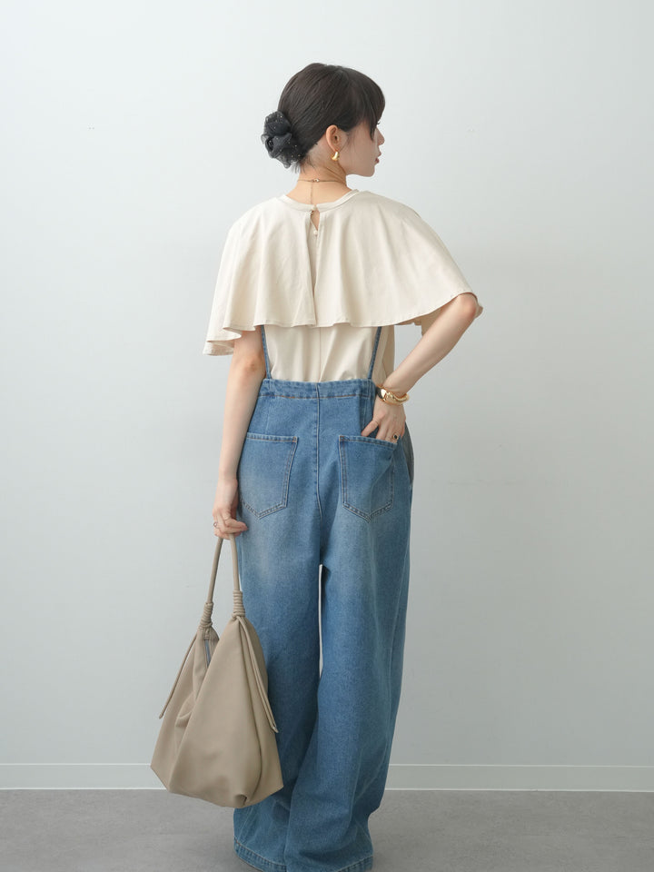 [SET]前後2wayケープTEE+フロントジップデニムサロペット(2set)
