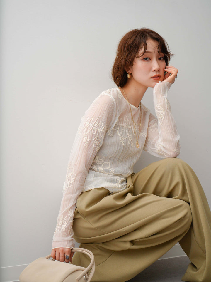 [SET]コード刺繍シアーロングスリーブトップス+選べるアクセセット(2set)