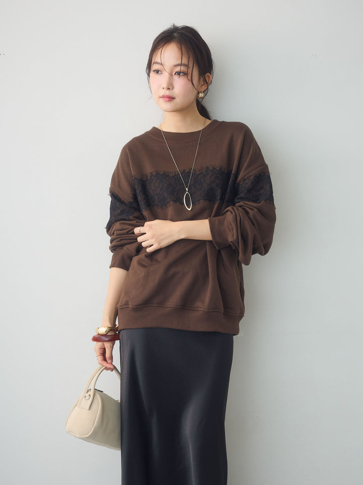 [予約]裏毛レースドッキングプルオーバー/brown