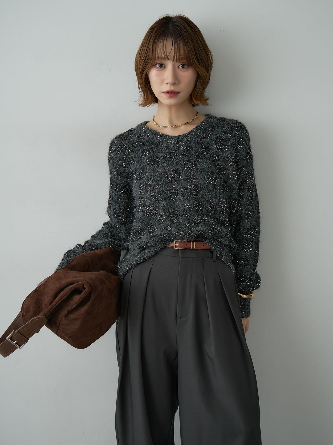 [予約]レオパードスパンコールニットトップス/gray