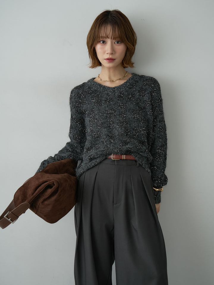 [予約]レオパードスパンコールニットトップス/gray