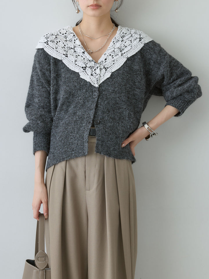 [SET]モヘアレースショールカラーカーディガン+ツイルタックワイドパンツ(2set)