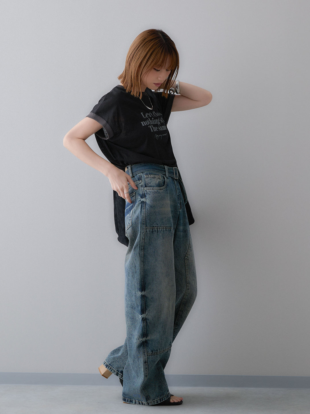 [SET]シアースラブバイカラーフレンチTEE+マルチポーチ付立体カーブデニム(2set)