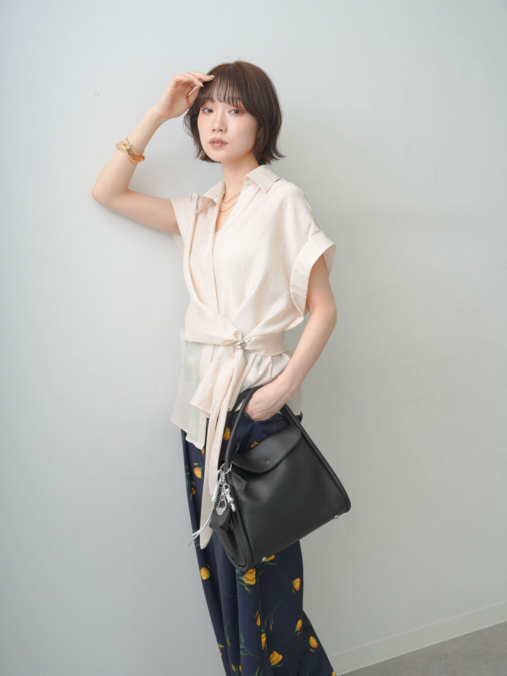 【套裝】金屬圖案裹身式不對稱短袖襯衫 + 金屬圖案裹身式不對稱短袖襯衫（2件套）
