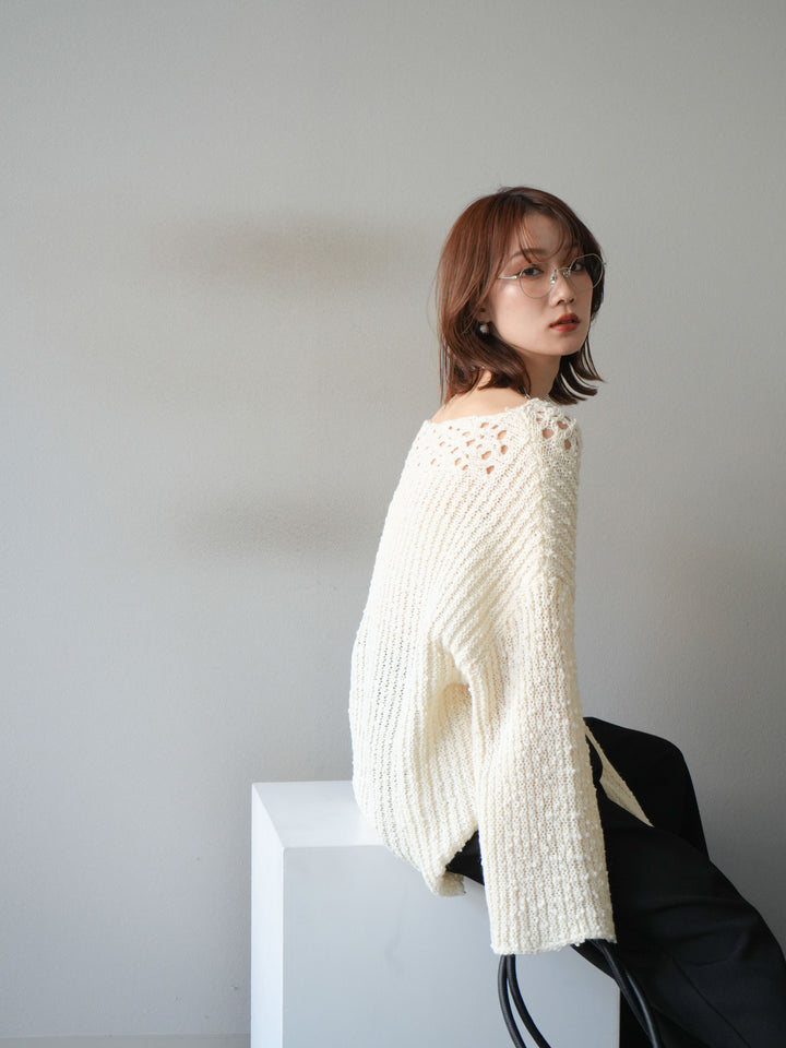 [予約]ボートネック透かし編みニットプルオーバー/white