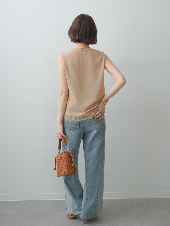 [SET]レースレイヤードカシュクールノースリブラウス+デニム切替スウェットパンツ(2set)