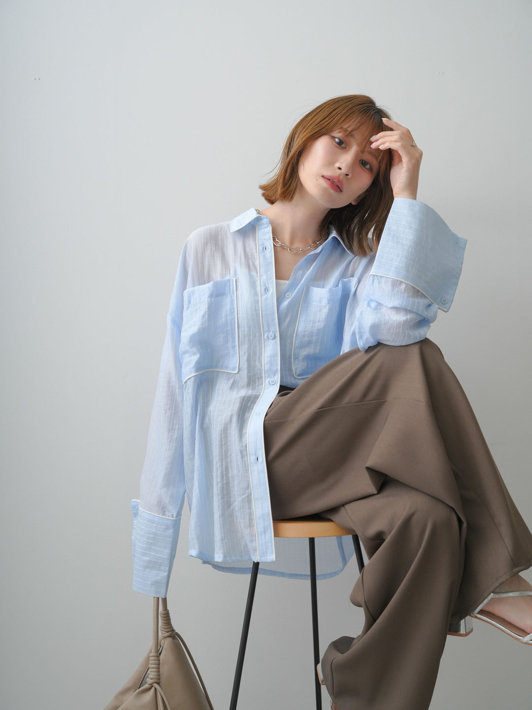 [SET]バイカラートリムオーバーストライプシャツ+クレープデシンタックワイドパンツ(2set)