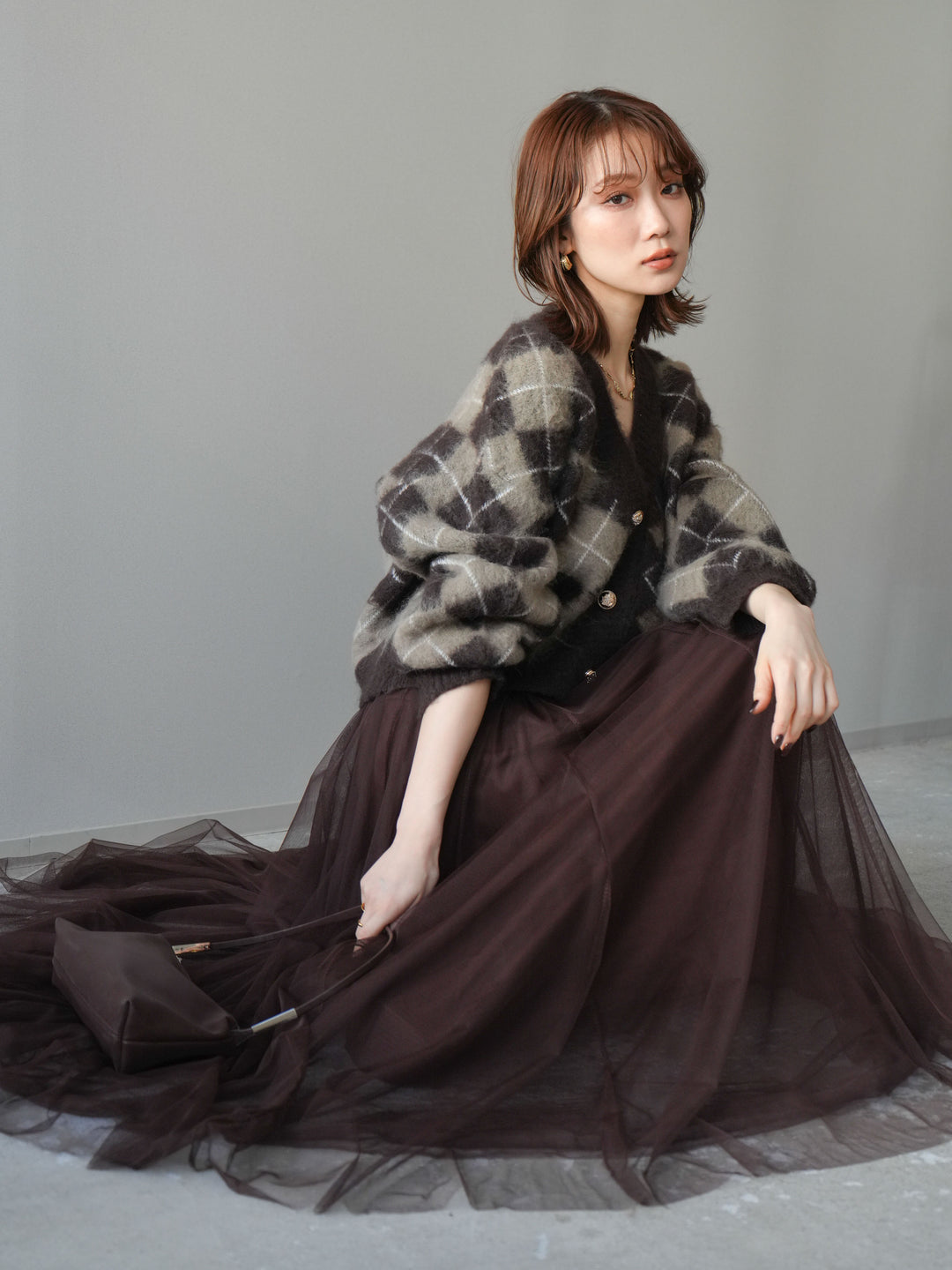 [予約]アーガイルシャギーニットカーディガン/brown