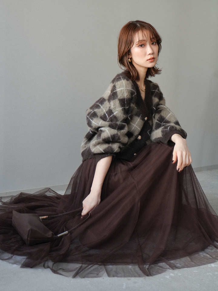 [予約]アーガイルシャギーニットカーディガン/brown