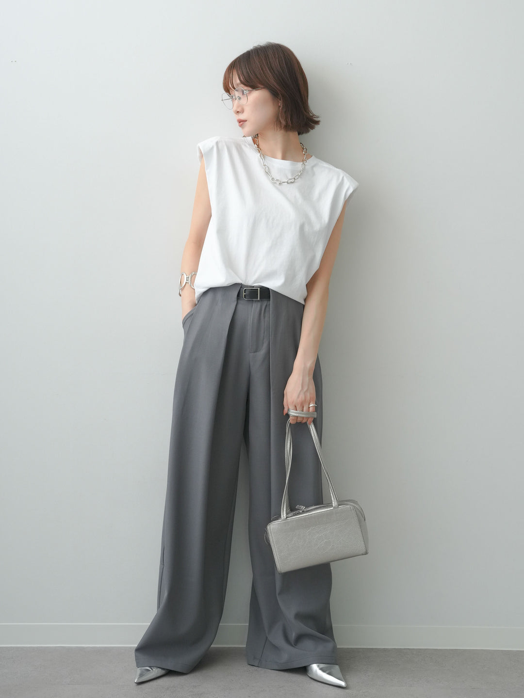 [SET]ショルダーパッドフレンチTEE+ベルトループデザインワイドパンツ(2set)
