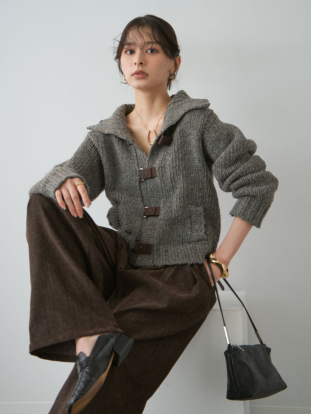 [SET]レザーベルトメランジニットカーディガン+ベロアデニムタックワイドパンツ(2set)