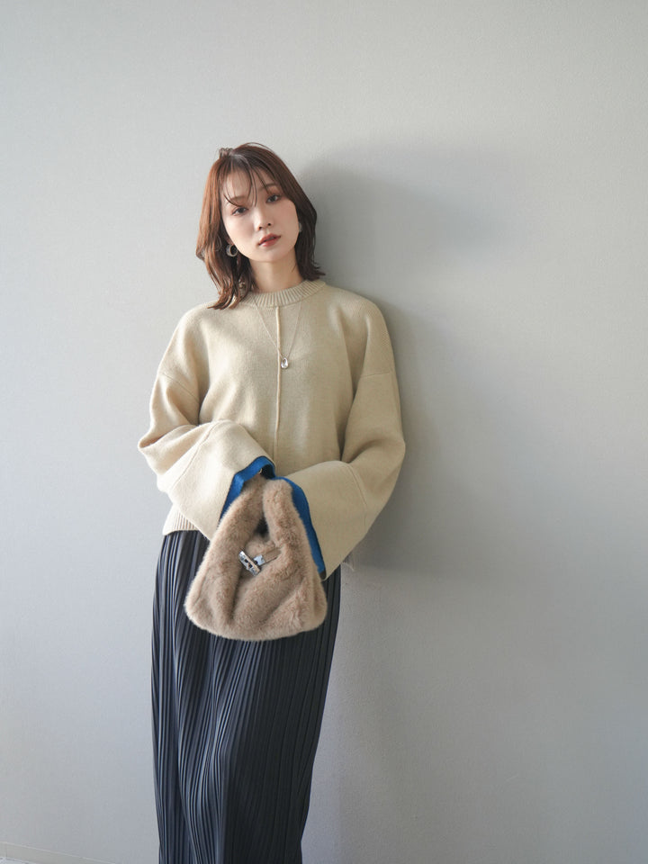 [予約]袖レイヤード配色ニットプルオーバー/ivory