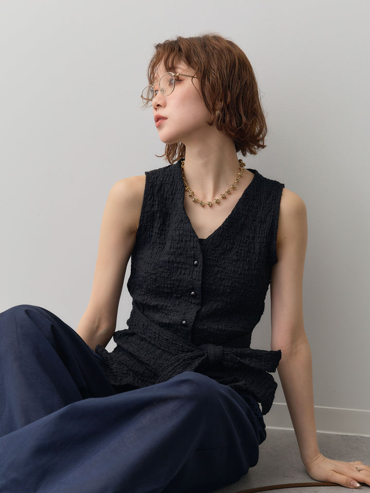 [予約]シャーリングウエストリボンVネックトップス/black
