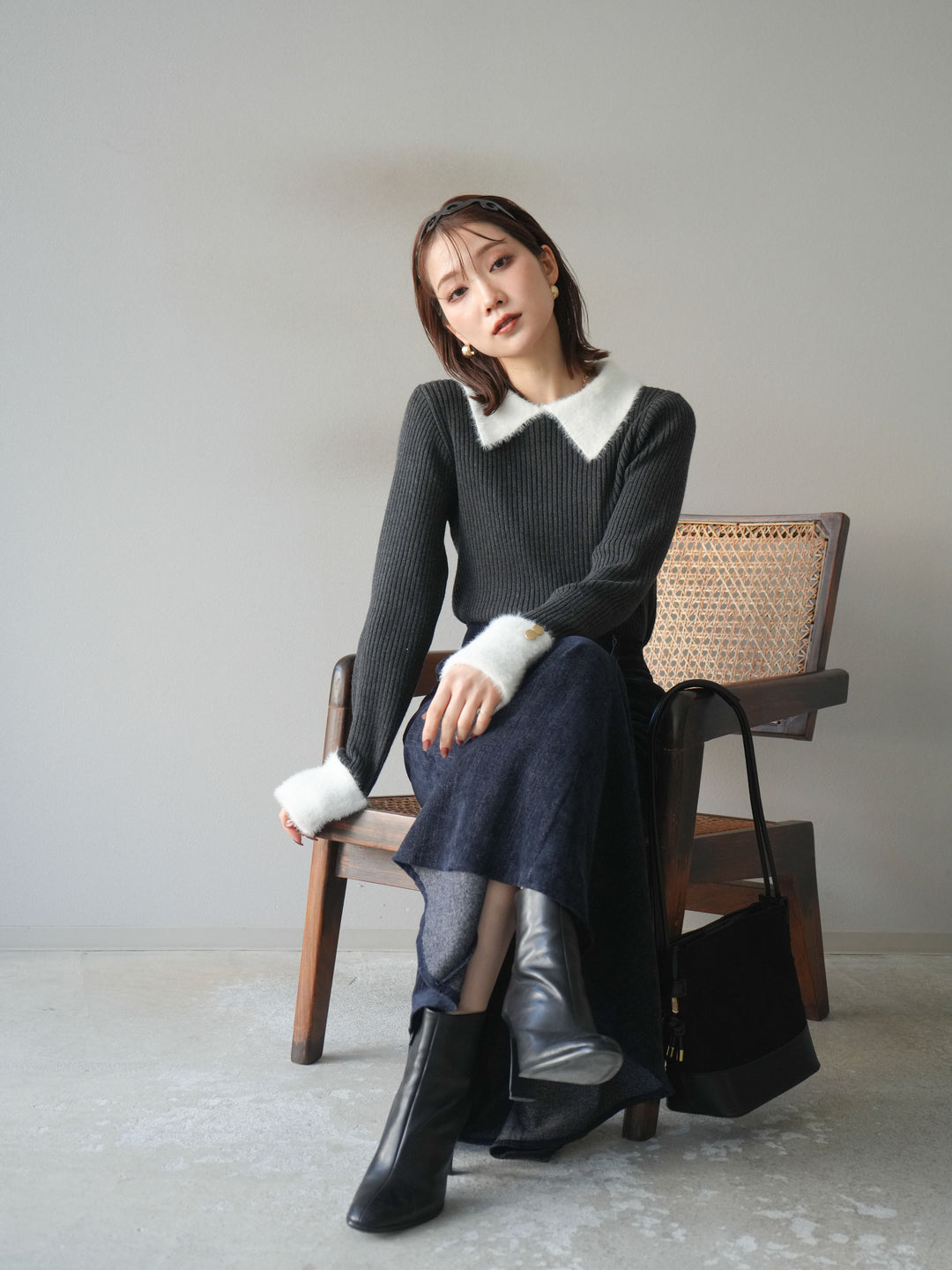 [SET]シャギー襟リブニットトップス+ベルベットマーメイドスカート(2set)