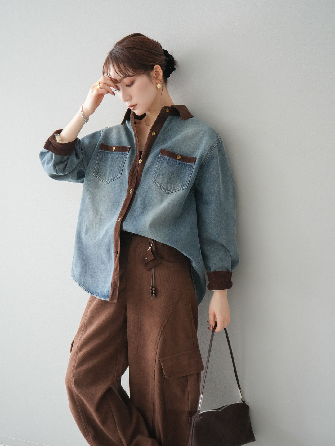 [予約]裏起毛コーデュロイ襟デニムシャツジャケット/ blue