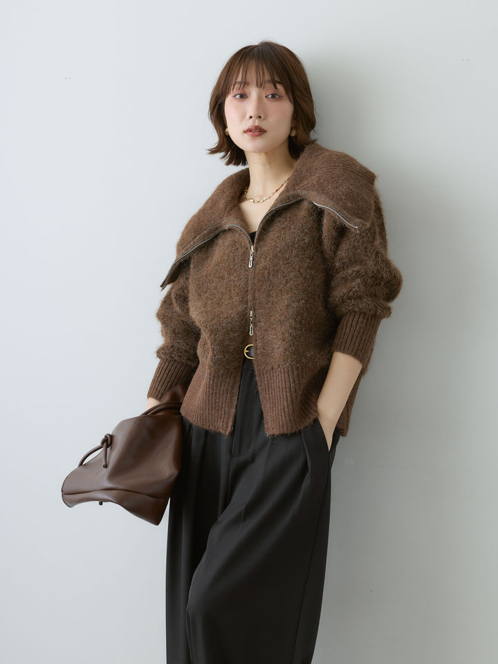 [予約]ビッグカラーシャギーニットブルゾン/brown