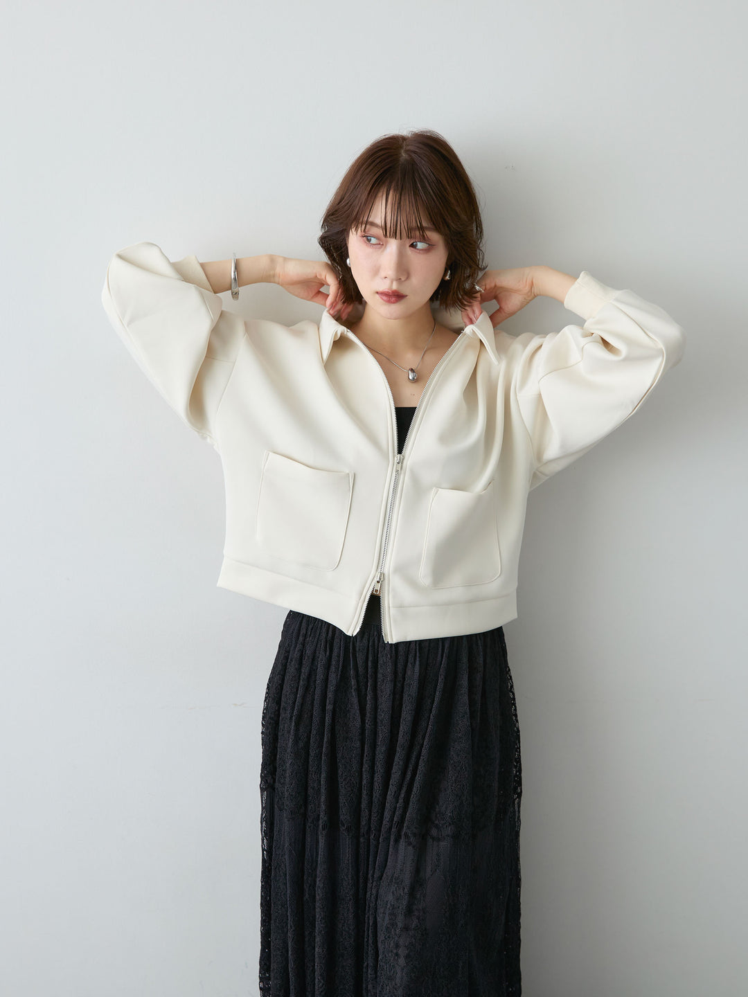[SET]ボンディングジップブルゾン+ベロアレースドレープフレアスカート(2set)