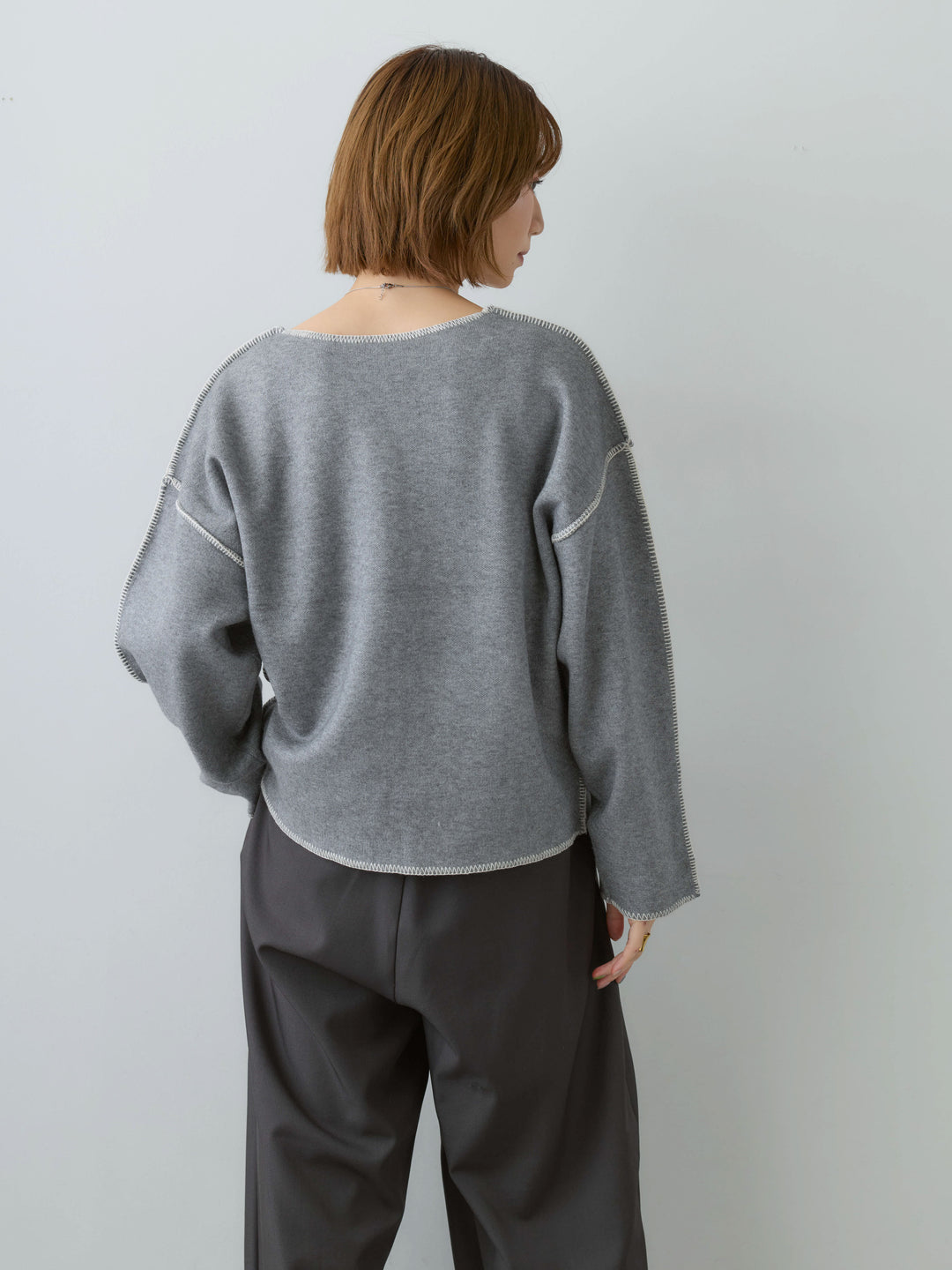 [予約]バイカラーステッチVネックニットトップス/heathergray
