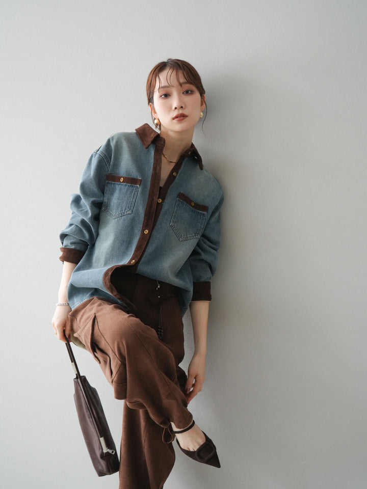 [予約]裏起毛コーデュロイ襟デニムシャツジャケット/ blue