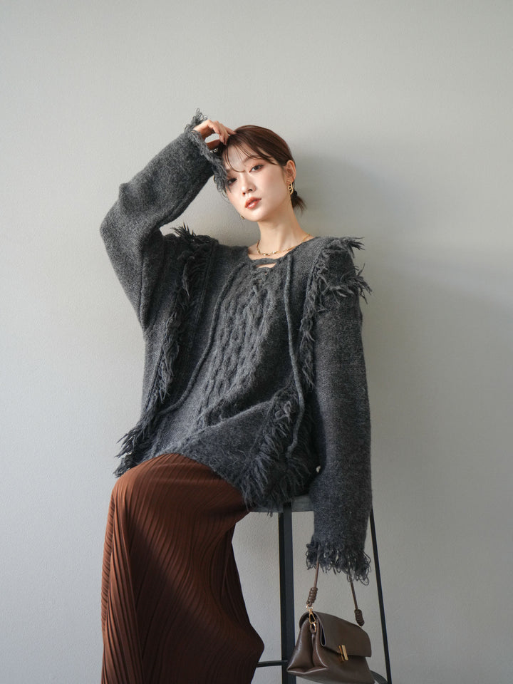 [予約]レースアップフリンジニットプルオーバー/gray