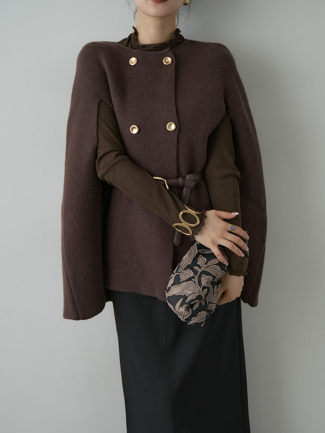[予約]ゴールドボタンニットケープコート/brown